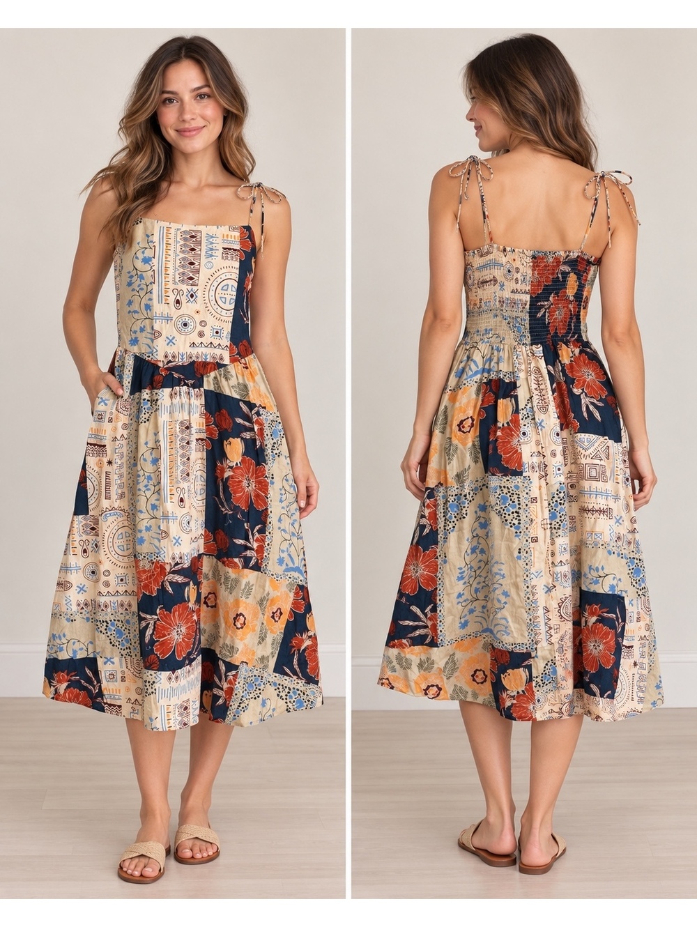 Tulip Creations Ivonna Midi Dress Size L NWT Patchwork Cotton Linen Boho